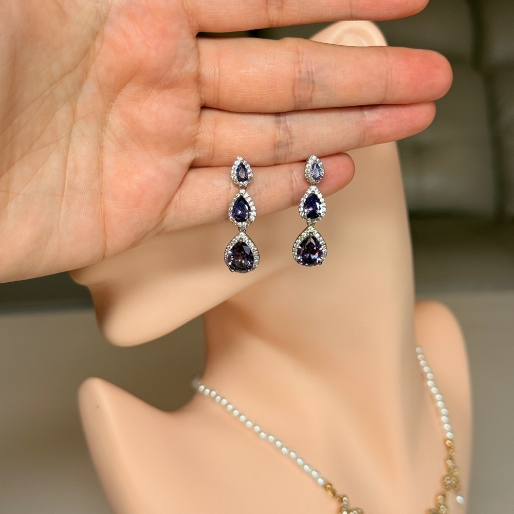Classic Purple Drop Earrings With Cubic Zirconia - Picture 11 of 11